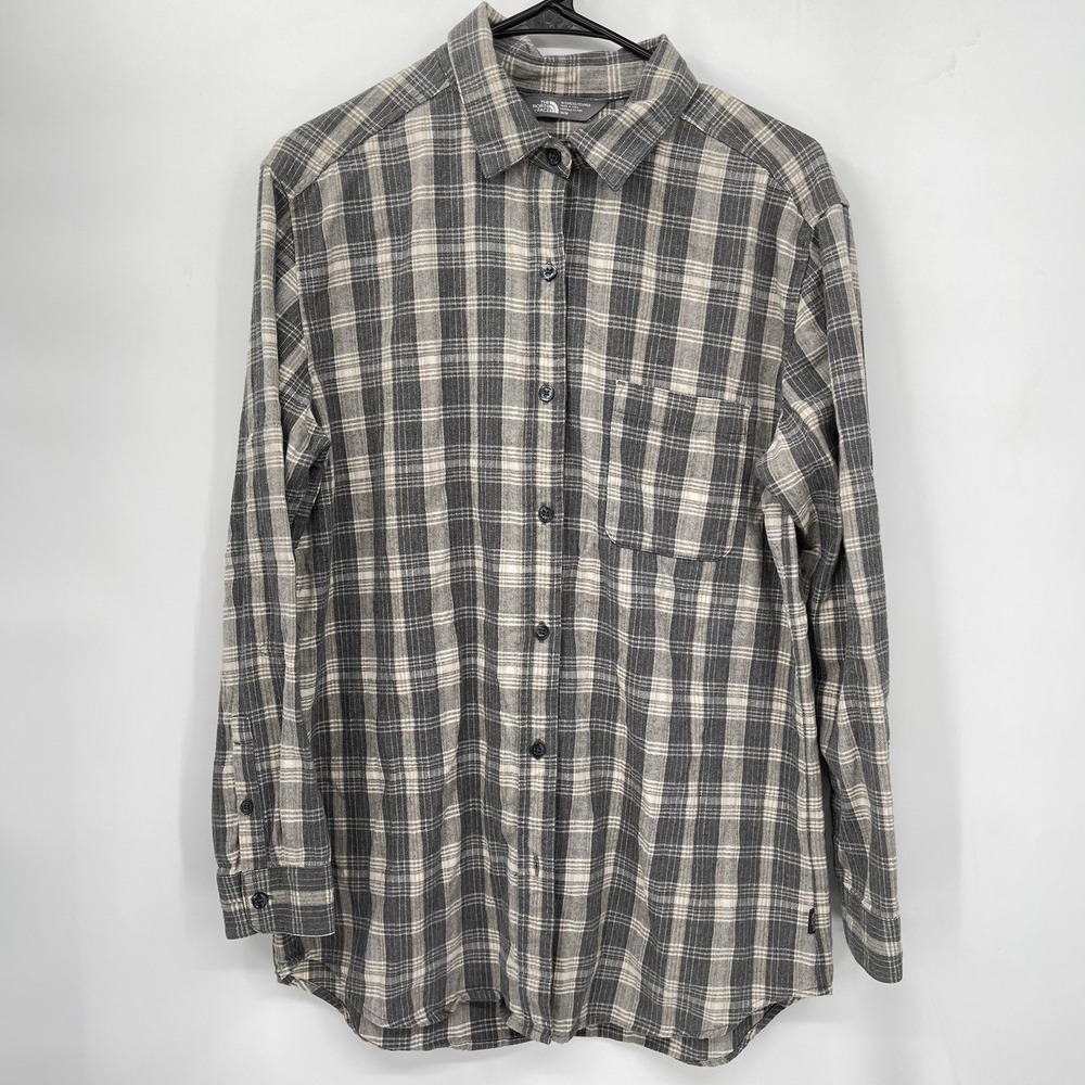 The North Face Medium Flannel Shirt Womens Grey Plaid Herringbone Cotton Tencel